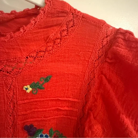 Free People Amy Red Floral Embroidered Cottagecore Top - Picture 7 of 11